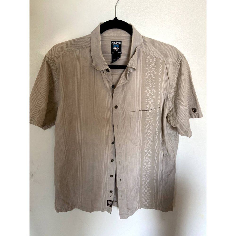 Kuhl Embroidered Short Sleeve Button Down Hiking Brown Shirt Mens Size Medium